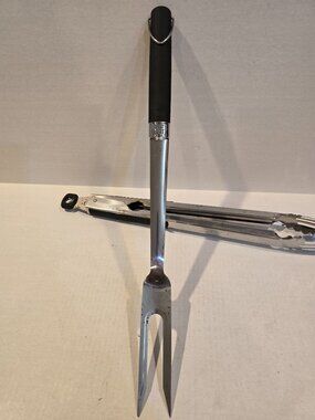 Bobby Flay Grill Set Fork Tongs Stainless Steel Black Plastic Used